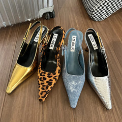 Summers Pointed Toe Women's Sandals Fashion Elegant Leopard Singbacks Mules Shoes Ladies Dress High Heel Sandalias