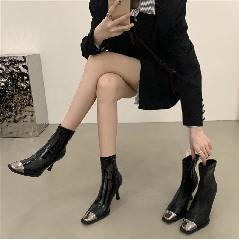 Futurecen Sexy High Heel Ankle Boots Women Fashion High Quality Patent Leather Shoes Ladies Elegant Short