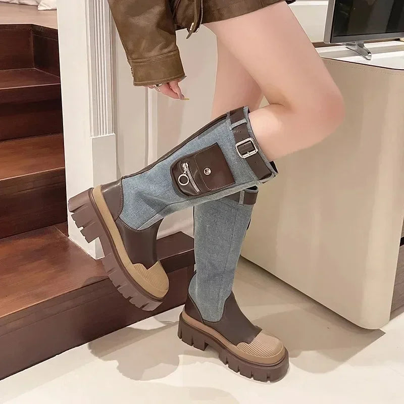 Futurecen  -  Retro Thick Heels Cargo Boots Female Belt Buckle Long Boots Woman Pocket Decor Knight Shoes Women Denim Boots Autumn Winter