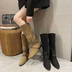 Futurecen  -  Retro Women Straps Pile Boots Female Autumn Winter Pointed Toe High Boots Women Knight Shoes Thick Heel Western Cowboy Boot