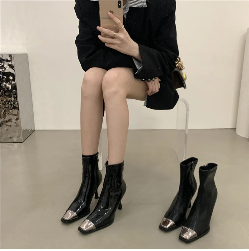 Futurecen Sexy High Heel Ankle Boots Women Fashion High Quality Patent Leather Shoes Ladies Elegant Short