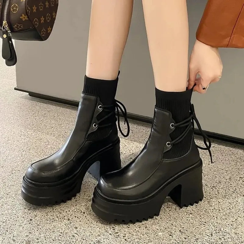 Futurecen  -  New Women's Ankle Boots Fashion Chunky Ultra High Heels Solid Color Shoes Women Knitted Lace-up Short Boots Autumn Winter