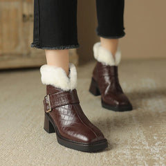 Futurecen NEW Winter Women Boots Round Toe Chunky Heel Ankle Boots Split Leather Shoes for Women Warm Wool Boots Women Platform Snow Boots