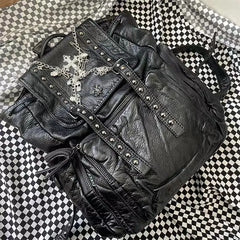 Futurecen   Goth Y2k Backpacks for Women Black Punk Rivet Chain School Students Bag Pu Leather Cross Skeleton Fashion Female Backpacks