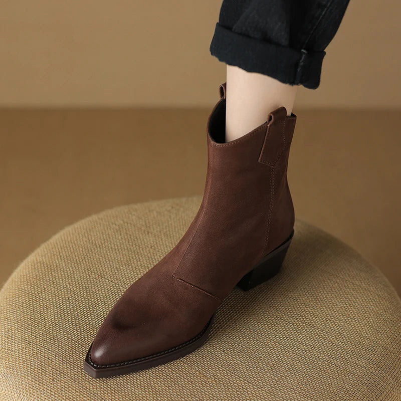 Fashion Short Boots Autumn Winter Basic Women Ankle Boots Genuine Leather Thick Heels Pointed Toe Mature New Arrival Boots Women