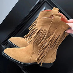 Futurecen  -  Fashion Western Cowboy Boots Women Solid Color Fringe Pointed Toe Ankle Boots  New Retro Designer Female Low Heel Overshoes