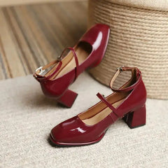 Futurecen Red Mary Jane Shoes Heels Women's Shoes Mary Jane 2024 Spring Summer New Thick-heeled High-heeled Retro Square Toe Pumps