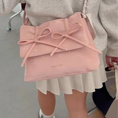 Pink Womens Shoulder Bag 2024 Fashion Pleated Elegant Casual Bow Tote Bag Scarves Large Capacity Exquisite Female Handbag