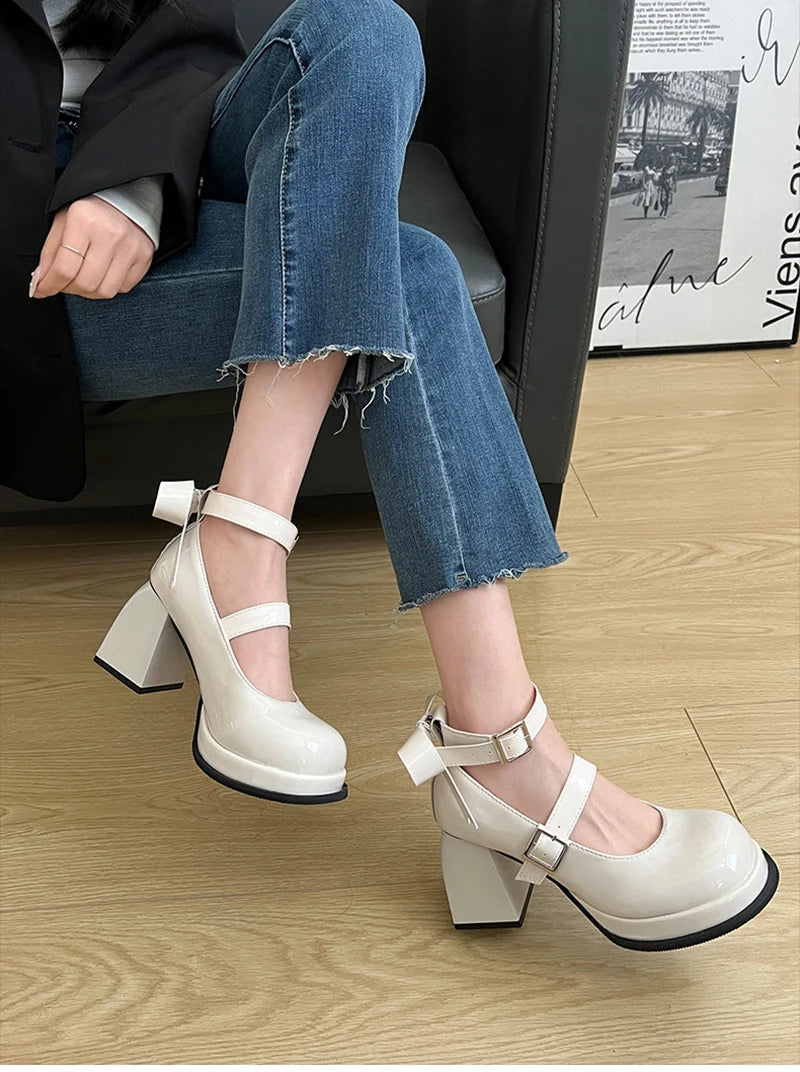 Futurecen Spring Lolita Women's Mary Jane Shoes Fashion Shallow Thick High Heels Pumps Ladies Elegant Buckle Single Shoes