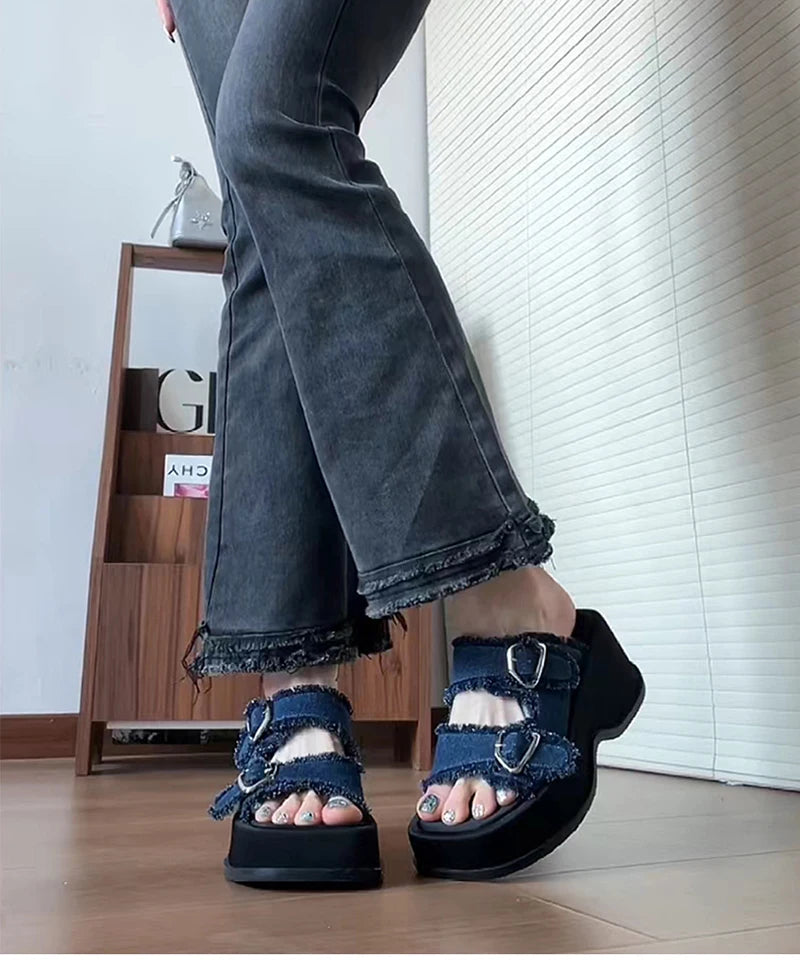 Futurecen Designer Summer Denim Woman Slippers Fashion Open Toe Platform Flats Slides Shoes Outdoor Dress Sandalias