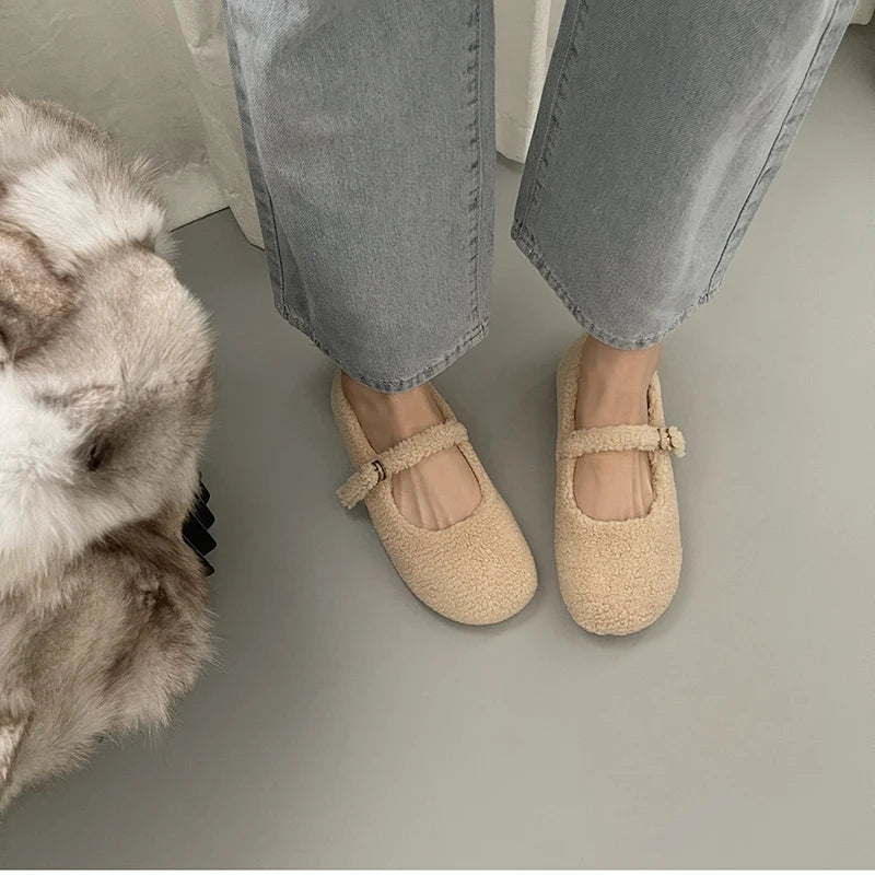 Futurecen  Spring Autumn Women Fur Shoes Fashion Shallow Buckle Ladies Flats Round Toe Women's Comfort Keep Warm Street Shoes