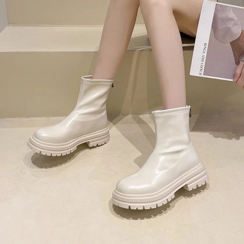 Futurecen Autumn Chunky Women Chelsea Boots Fashion Back Zippers Thick Heel Short Booties Retro Style Street Style Female Shoes