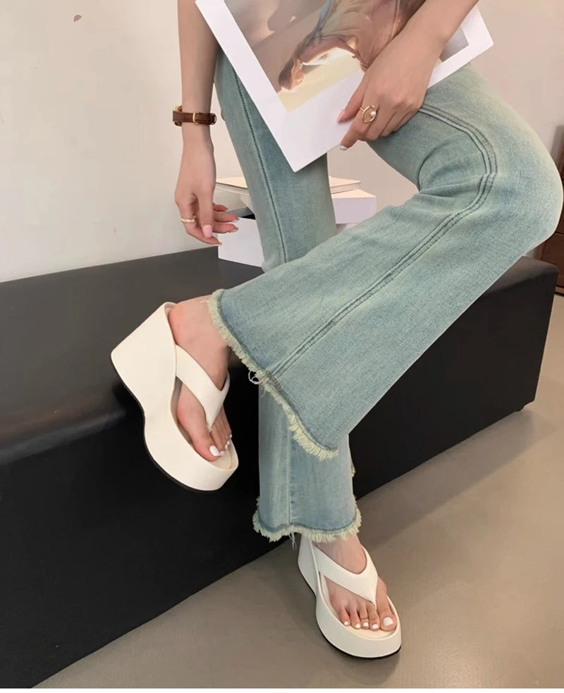 Futurecen Design Summer Chunky Woman Slippers Fashion Platform Wedges High Heel Silvery Ladies Shoes