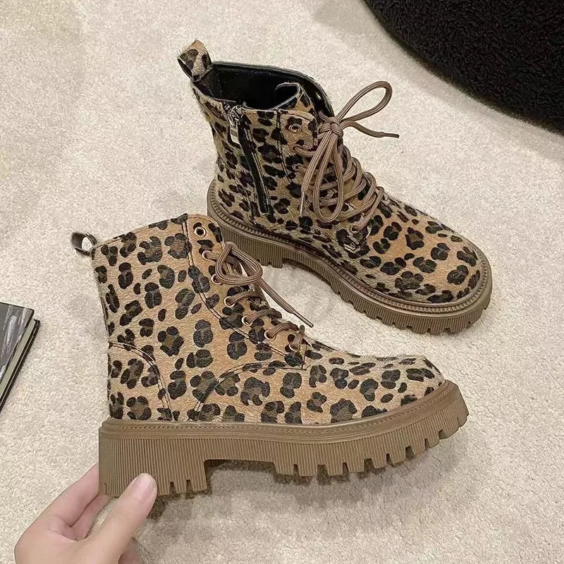 Futurecen  -  Women Leopard Print Autumn/winter Thick Soled Lace Up Fashion Boot Platform Comfort Waterproof Non Slip 42 Size Ankle Boots