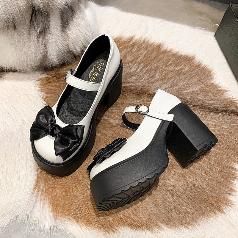 Women's Fashion Bowknot Platform Pumps Mix Color Chunky High Heels Mary Jane Shoes for Women Patent Leather Ankle Strap Pumps