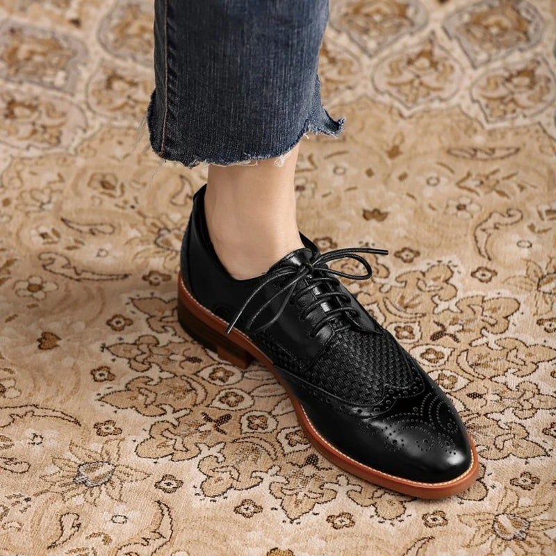 Futurecen  -  Women Oxford Flats Spring/Autumn Shoes for Woman Genuine Leather Brogues Vintage Lace up Loafers casual weave Black Girls shoes