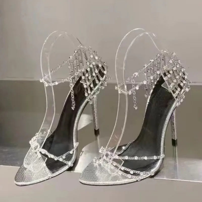 Futurecen  -  Women's Sexy High Heels Sandals New Advanced Sense Party Luxury Stiletto Shoes Fashion Summer Elegant Rhinestone Chain Sandals