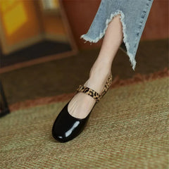 Futurecen  -   Spring Women Pumps Patent Leather Round Toe Splicing Leopard Print One-line Buckle Low-heel Women Shoes Mary Jane Shoes