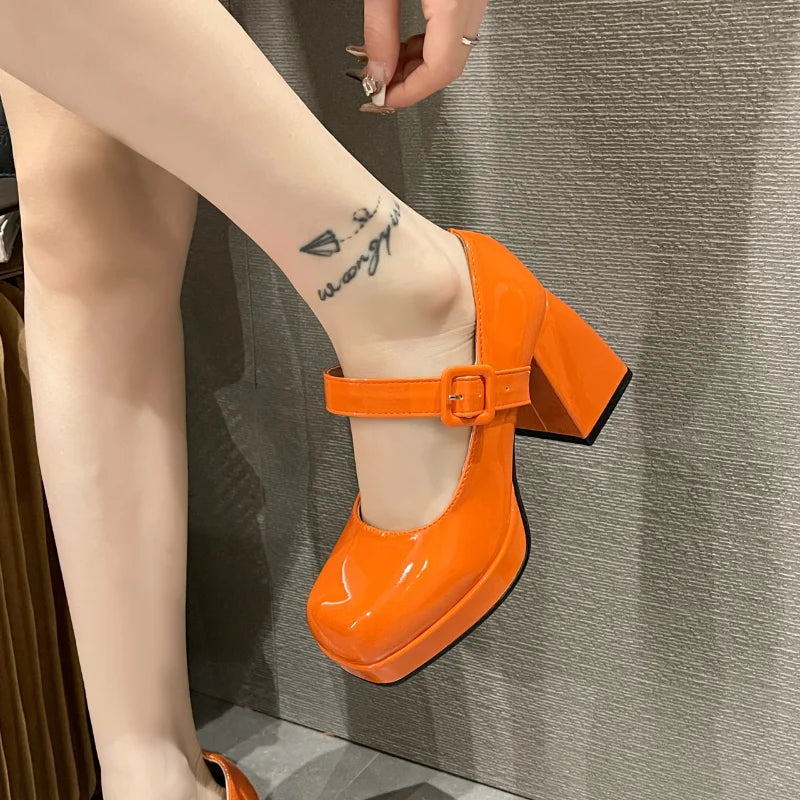 Futurecen Heels Women Trend Chunky Heels Square Toe Platform Shoes Mary Jane Elegant Fashion Sexy Orange Luxury Designer Casual Plus Size