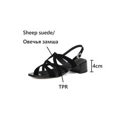 Futurecen  -  NEW Summer Women Sandals Square Toe Chunky Heel Shoes Sheep Suede Leather Shoes for Women Concise Narrow Band Handmade Shoes