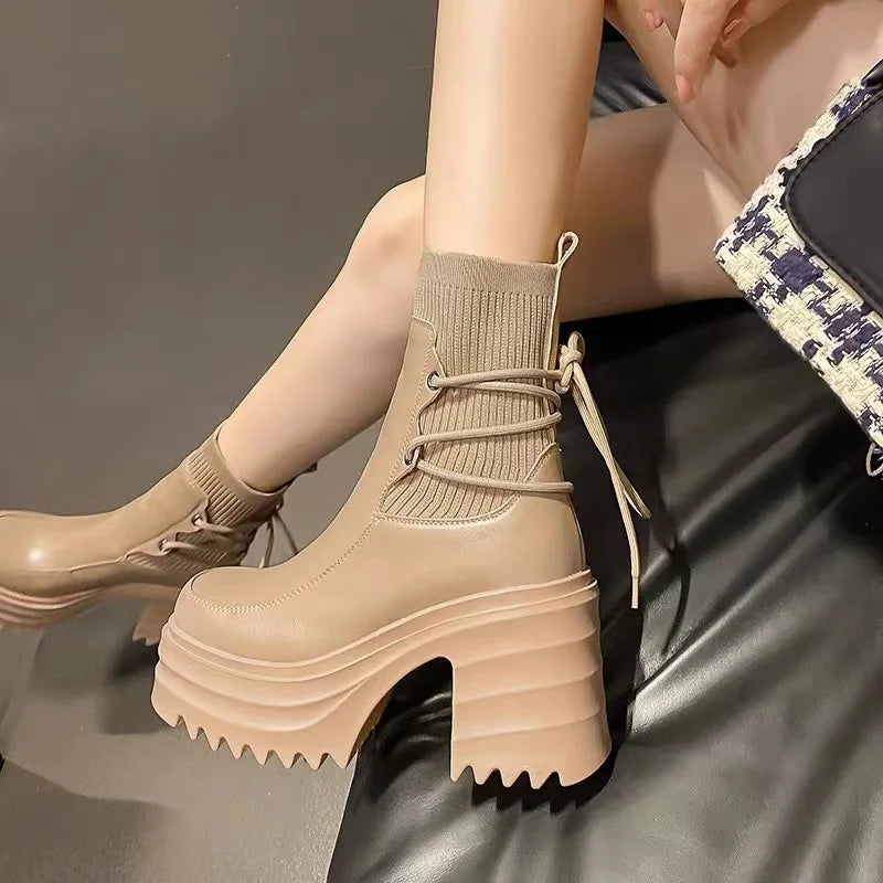 Futurecen  -  New Women's Ankle Boots Fashion Chunky Ultra High Heels Solid Color Shoes Women Knitted Lace-up Short Boots Autumn Winter