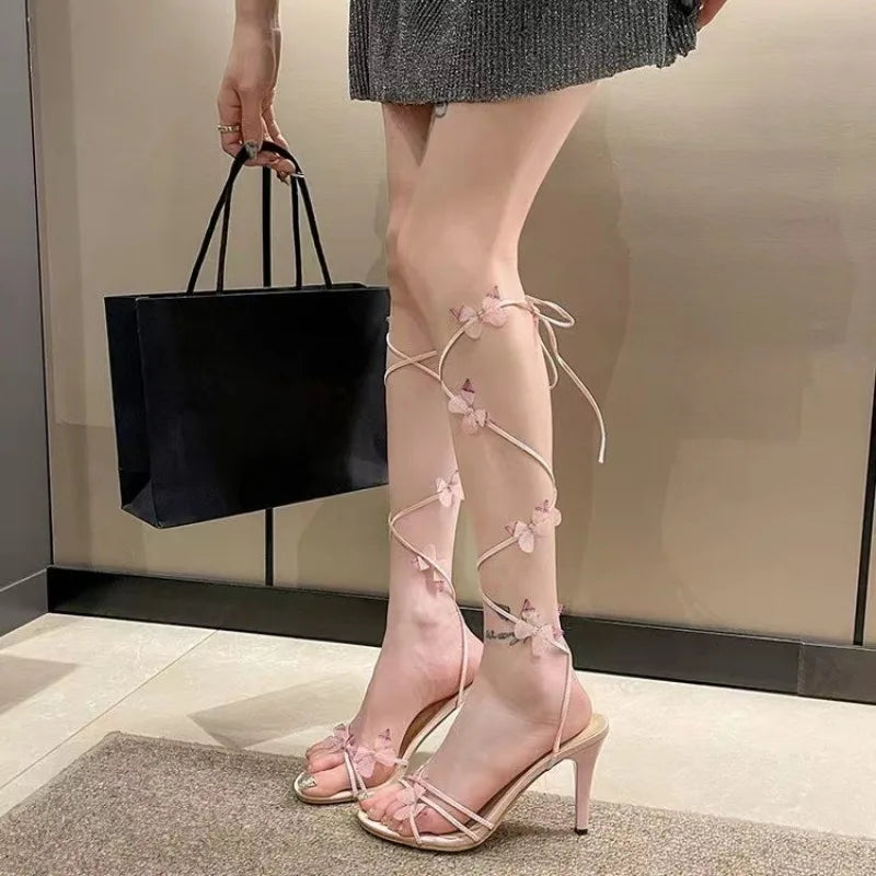 Futurecen  -  Summer Spicy Girl Pink High Heels Butterfly Lace High Top Sandals Women's Sexy Thin Heel Party Dress Shoes 35-41