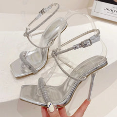 New Fashion Square Toe Women Sandals Summer Sexy Crystal High Heels Buckle Strap Stripper Party Ladies Shoes