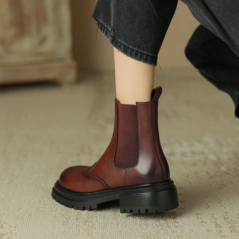 Futurecen NEW Autumn Boots Women Split Leather Shoes for Women Round Toe Chunky Heel Women Boots Winter Black Chelsea Boots