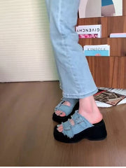 Futurecen Designer Summer Denim Woman Slippers Fashion Open Toe Platform Flats Slides Shoes Outdoor Dress Sandalias