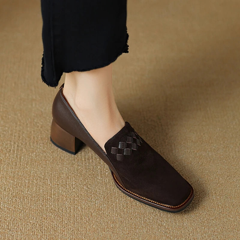 Futurecen NEW Spring/Autumn Women Loafers Sheep Suede Leather Shoes for Women Square Toe Chunky Heel Black Shoes Concise Weave Women Pumps