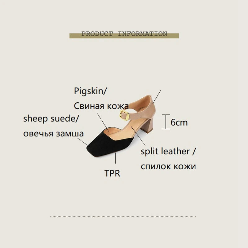 Futurecen Sheep Suede Leather Shoes Women Summer/Spring Women Sandals Square Toe High Heels Cover Heel Shoes for Women Retro Mary Janes