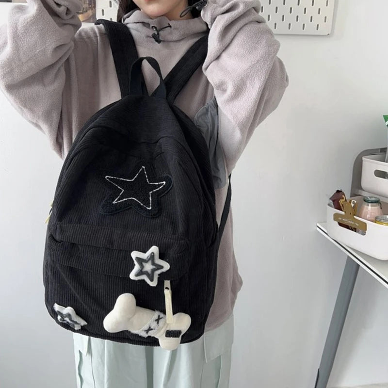 Futurecen Cute Y2K Aesthetic Backpack Stars Pattern Preppy Rucksack College Student Computer Backpack Corduroy Bookbag for Girl