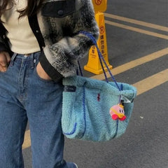 Futurecen  -  fancy bags Y2k Lamb Wool Blue Handbag For Women High Capacity Big Tote Bags Korean Fashion Square Shoulder Bag College Book School Bags New