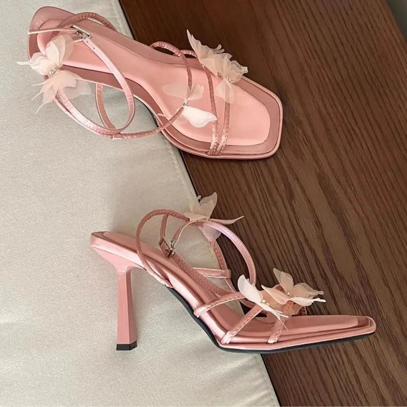 Futurecen  -  New Butterfly Strap High Heel Sandals Pink Square Head Cross Buckle Dress Women Shoes Sexy Ball Party High Heel Shoes