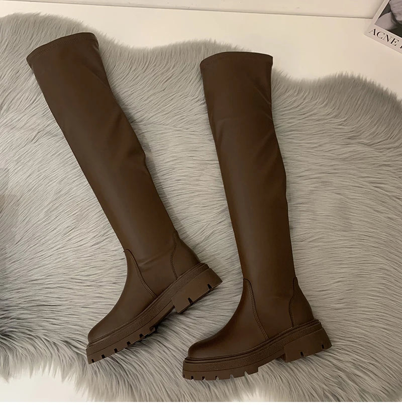 Futurecen Winter Long Boots For Women Fashion Slip On Square Heel Over the Knee High Boots Winter Shoes Ladies Elegant Modern Booties