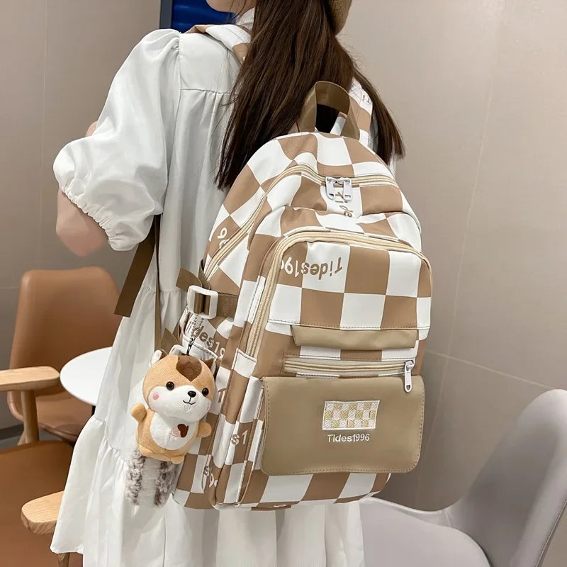 Casual Backpack for Students Checkerboard Plaid Schoolbag for Female Junior High School Large-capacity Design Multi-pocket