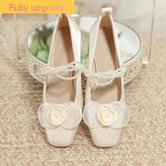 Futurecen  -  New Chinese Sweet Flower Women Shoes Simple and Gentle Style Coarse Heel Camellia Mary Jane Shoes French Silk Wedding Shoes