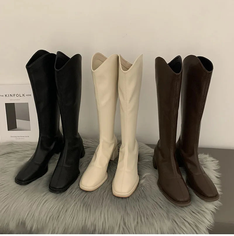 Futurecen Winter Women Long Boots Fashion Pointed Toe Ladies Elegant Knee High Boots Square Mid Heel Boot