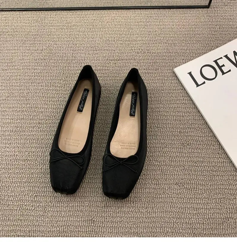 Classic Female Flats Ballerina Shoes Women Fashion Square Toe Pleated Ballet Bow Knot Shallow Moccasin Casual Loafer Sliver