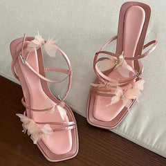 Futurecen  -  New Butterfly Strap High Heel Sandals Pink Square Head Cross Buckle Dress Women Shoes Sexy Ball Party High Heel Shoes