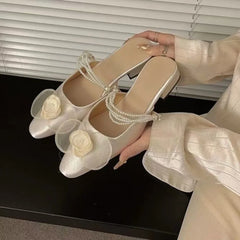 Futurecen  -  New Chinese Sweet Flower Women Shoes Simple and Gentle Style Coarse Heel Camellia Mary Jane Shoes French Silk Wedding Shoes