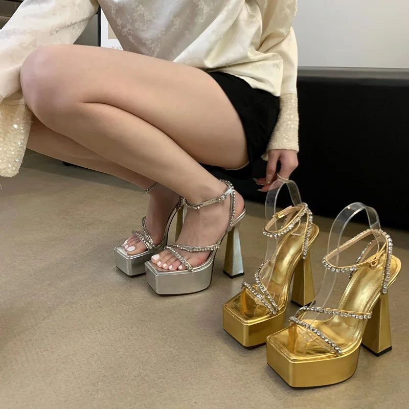 Futurecen Street Style Summer Open Toe Women Sandals Platform Ultra Square Heel Nightclub Buckle Strap Gold Silver Ladies Shoes