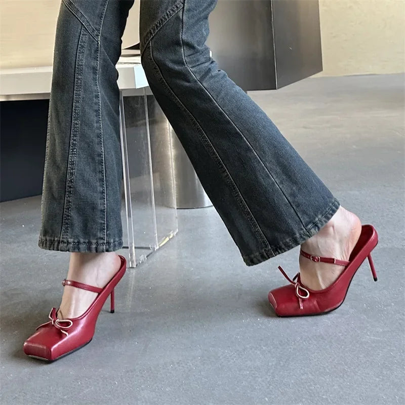 Futurecen  New Design Bowknot Square Toe Women Pumps Sexy Buckle Strap Thin High Heels Banquet Prom Mule Slippers Shoes