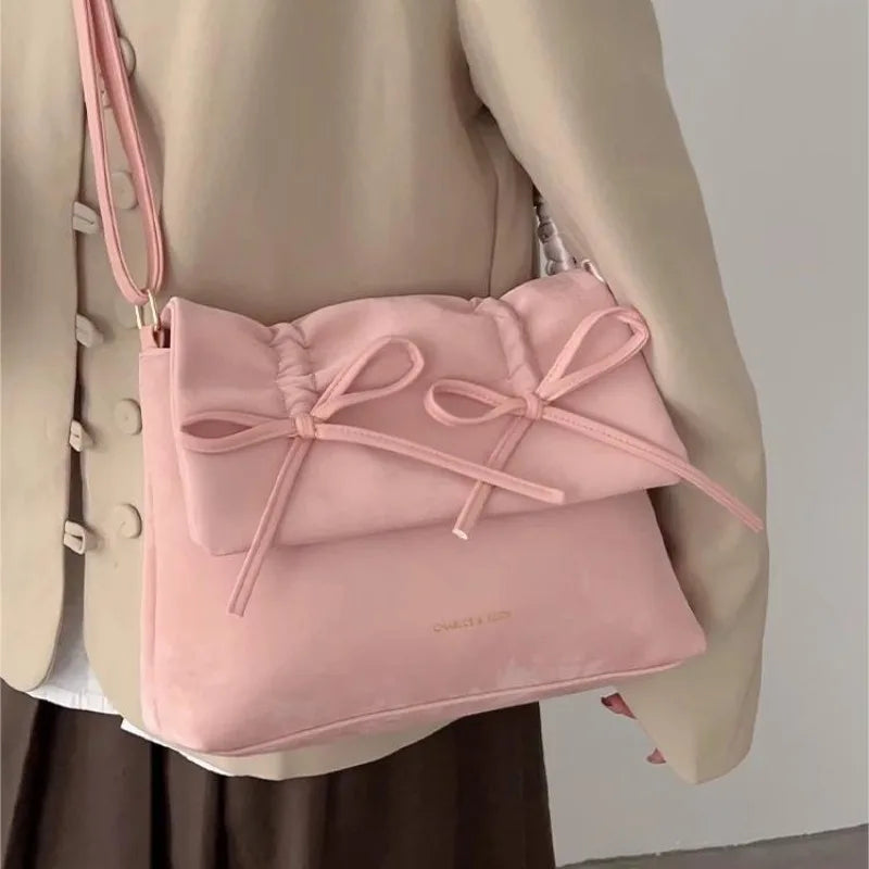 Futurecen Pink Womens Shoulder Bag 2024 Fashion Pleated Elegant Casual Bow Tote Bag Scarves Large Capacity Exquisite Female Handbag