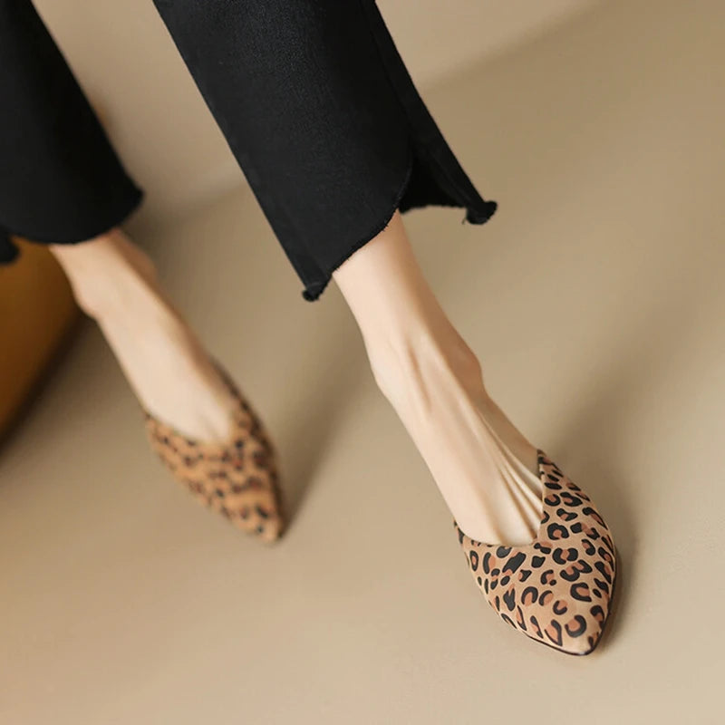 Futurecen  - Leopord Women Sandals Summer Women Slippers Pointed Toe Thin Heel Women Shoes Sheep Suede Leather High Heels Handmade Mules