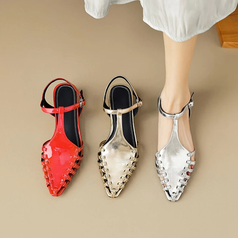 Futurecen  -  NEW Summer Women Sandals Patent Leather Shoes for Women Woven Hollow Roman Sandals Pointed Toe Chunky Heel Gold Designer Sandals