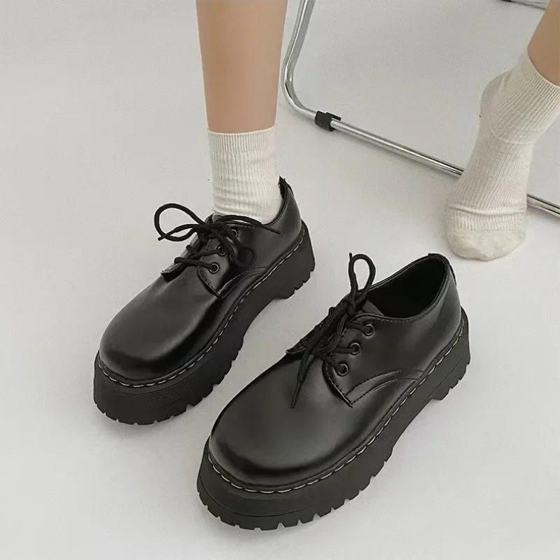 Futurecen  -  Black Platform Mary Jane Shoes Lace Up Round Toe Casual Small Leather Shoes Summer Loafers New Versatile Kawaii Women Shoes