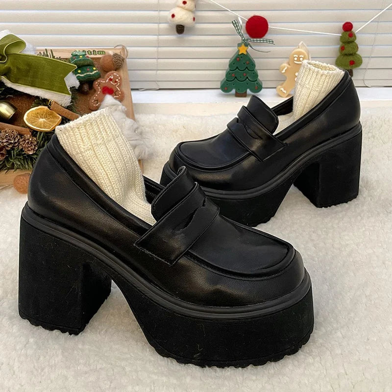 Pu Leather Women's Platform Loafers Gothic Black Chunky High Heels Pumps Woman Preppy Style Jk Uniform Shoes Mujer