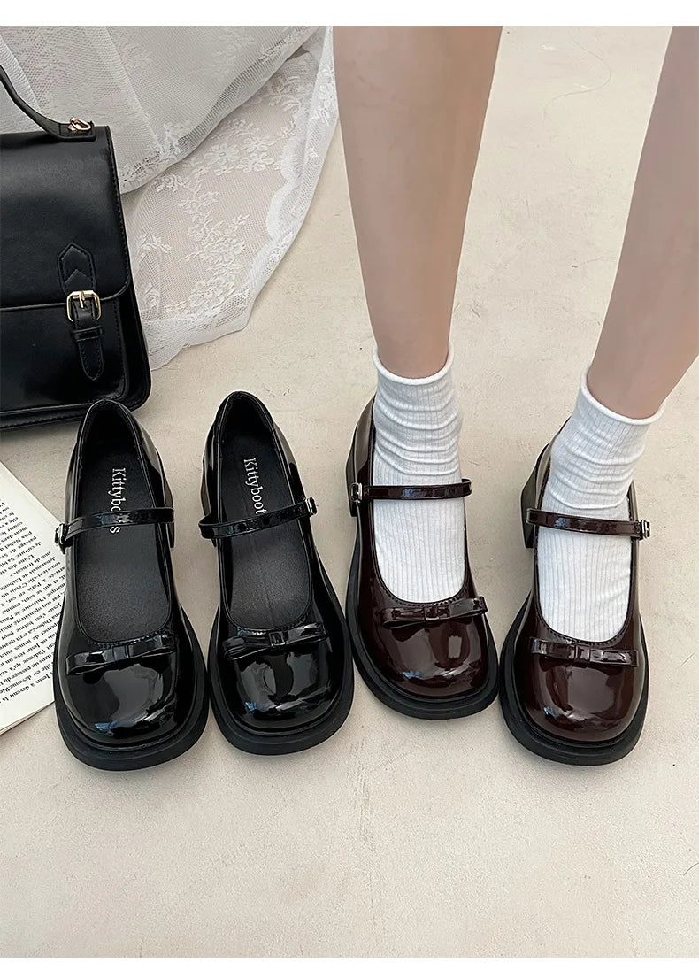 Futurecen Vintage High Heel Mary Jane Shoes for Women  New Summer Bow Brown Round Head English Style Small Leather Shoes