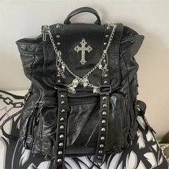 Futurecen   Goth Y2k Backpacks for Women Black Punk Rivet Chain School Students Bag Pu Leather Cross Skeleton Fashion Female Backpacks